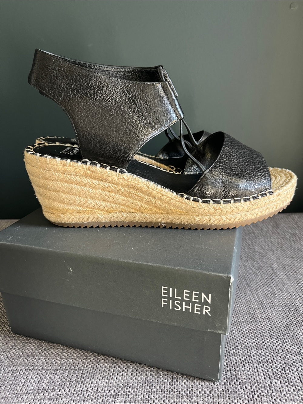 Eileen Fisher Black Leather Espadrille Slingback Wedges